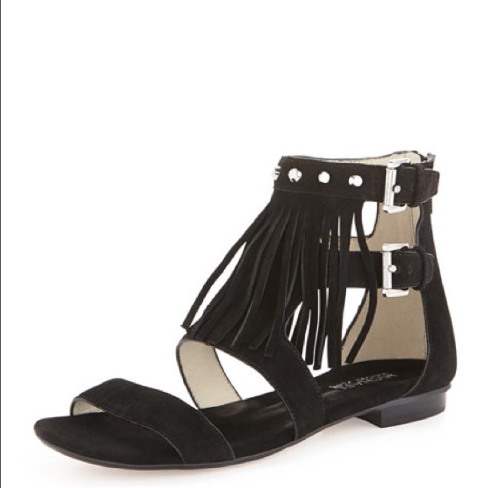 Michael Kira Black Fringe Suede Sandals